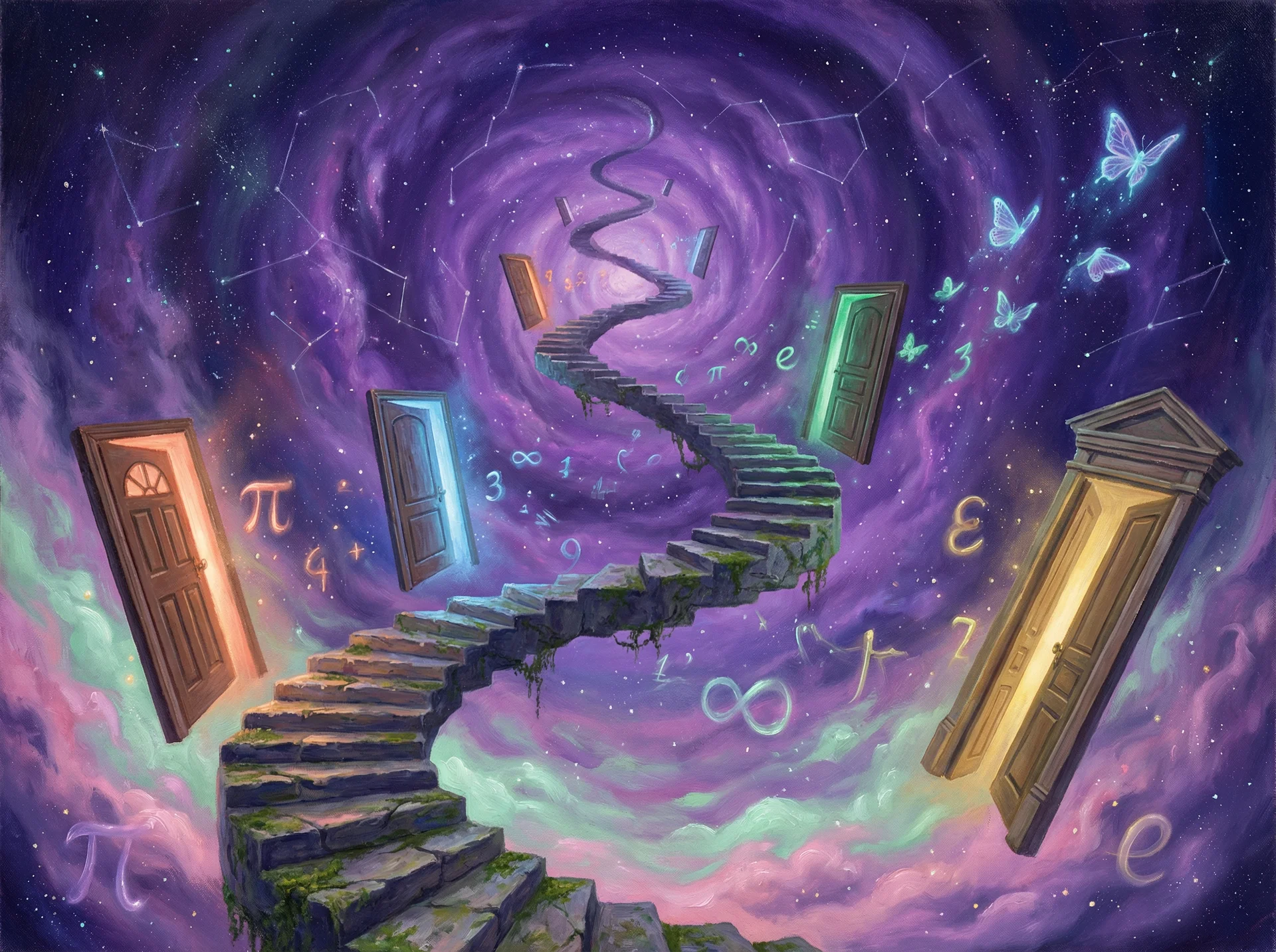 超现实梦境画作 - 无限阶梯与浮动之门，关联 加拿大pc2.8 幸运号码