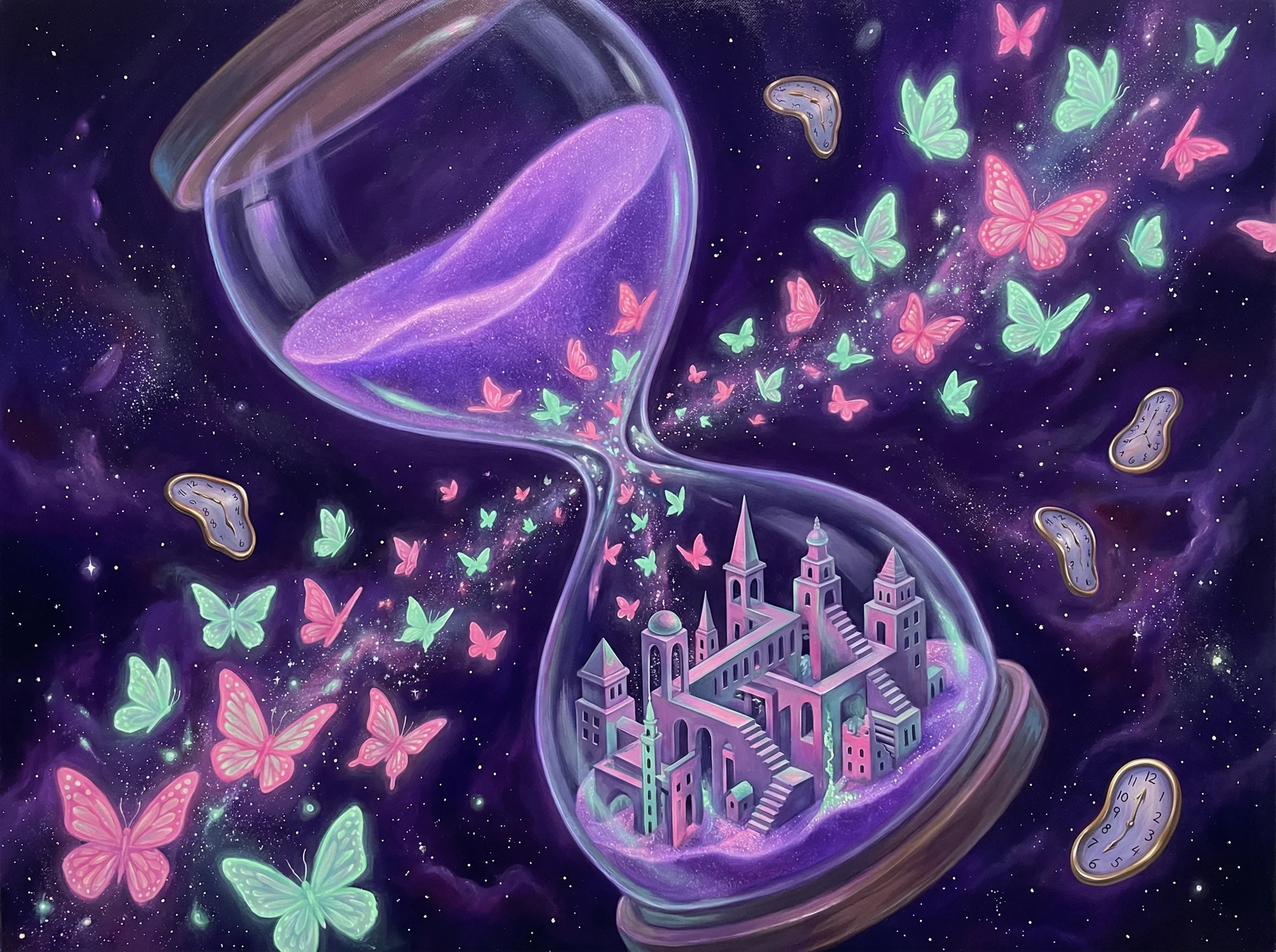 超现实梦境画作 - 时间沙漏与蝴蝶变幻，关联 加拿大pc2.8 幸运号码