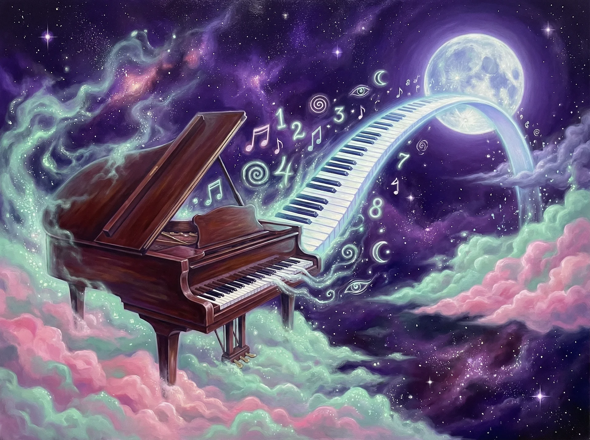 超现实梦境画作 - 宇宙钢琴与月光之桥，关联 加拿大pc2.8 幸运号码